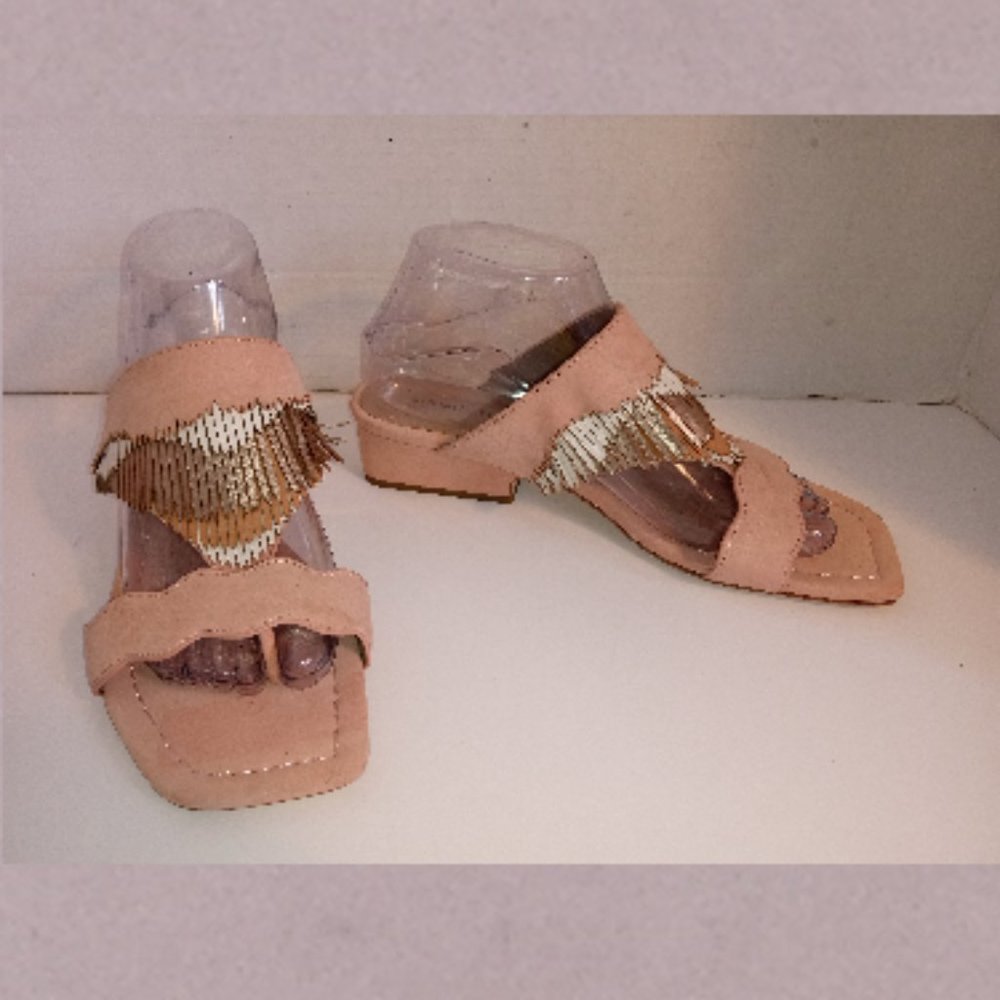 DONALD PLINER Rose/Bone/Bronze Leathe "Darcie" Sz 8.5  Fringed Sandal Square Toe